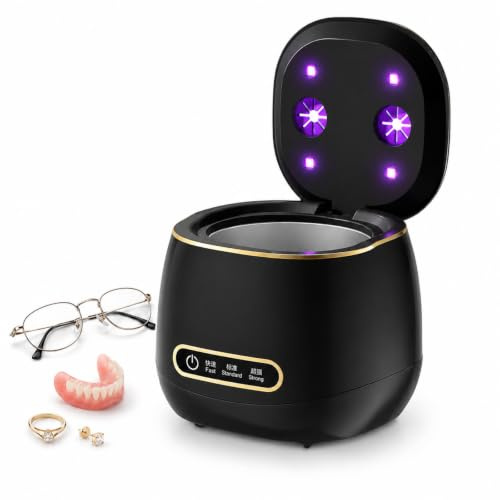 Cleon - Pulitore ad Ultrasuoni 45000Hz con 3 Modalità - Pulitore Ultrasuoni Apparecchio Denti Compatto, Vaschetta in Acciaio Inox, per Retainer, Gioielli e Accessori Quotidiani (Nero)