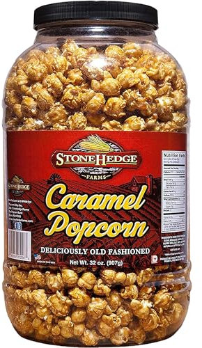 Stonehedge Farms Caramel Flavored Popcorn - 32 oz Large Tub - Bulk Gourmet Deliciously Old Fashioned Popped Sweet Snacks - Made in the USA