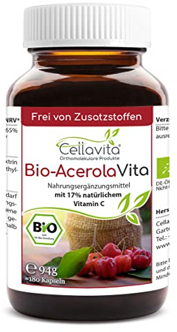Cellavita – Bio Acerola Pulver Vita 180 Kapseln im Glas - Natürliches Acerola-Fruchtpulver – Nahrungsergänzungsmittel zusatzstofffrei