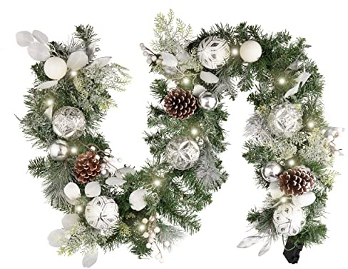 Valery Madelyn 6 Feet Pre-Lit Christmas Garland with Lights for Mantle, Lighted Outdoor Xmas Garland with Snowy White Ball Pinecones for Home Stairs Fireplace Table Centerpiece Indoor Holiday Decor