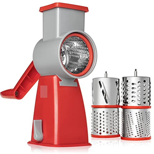 Grater 4 in 1 Rotary Cheese Grater Manual Vegetable Cutter Fruit Slicer Chocolate Butter Shredder Interchangeable Stainless Steel (1pc) (Color : Red)
