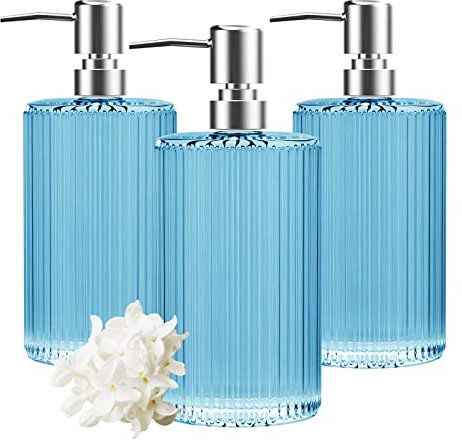 HIYAA Confezione da 3 dispenser di sapone liquido per le mani in vetro, 500 ml, versatile, con pompa, per bagno, piano di lavoro, cucina, lavanderia (blu), 500 ml