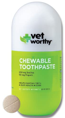 Vet Worthy Chewable Toothpaste - Dog Teeth Cleaning Chews with Propolis & Zeolites - Toothpaste for Dogs - Tartar Remover for Teeth & Dog Chews for Cleaning Teeth - 60ct (Chicken Liver)