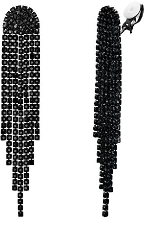 Clearine Quaste Ohrclips Mode Lange Tropfen Kronleuchter Funkeln Strass Kristall Clip-on Ohrringe für Damen Schwarz Schwarz-Ton