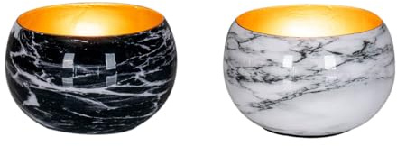 2er Set Teelichthalter Metall Schwarz Weiß Marmor Optik Windlicht Kerzenhalter Tischdeko Deko Marmor Marmoriert