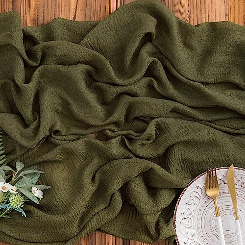 AOKSUNOVA Käsetuch Tischläufer Musselin Hochzeit Dekostoff Olivgrün | Boho Käsetuch Tischläufer aus Musselin und Gaze,Eleganter Dekostoff für Hochzeit und Feste,Stilvolle Tischdeko im Naturlook