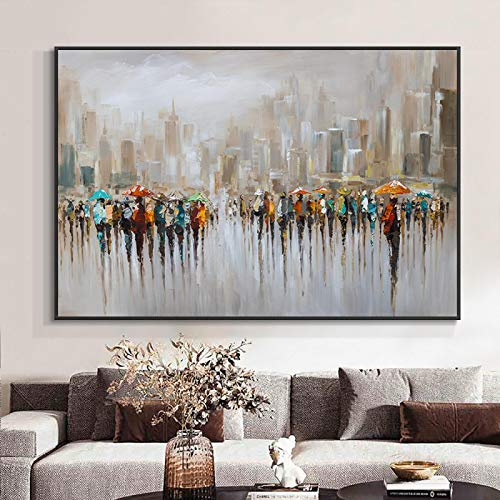 JACBON Abstraktes Ölgemälde „Viele Menschen arbeiten im Regen mit Regenschirmen“ auf Leinwand, handgefertigtes Wandkunstbild für die Inneneinrichtung, 80 x 140 cm, rahmenlos