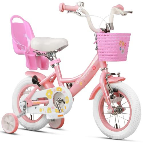 Glerc 12 Pouces vélo pour Enfants pour 12, 3, 4 Ans Petite Fille Mignon vélo avec Roue de Support de Panier et Cloches Rosa & weiß