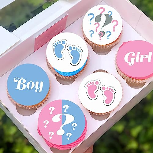Anglesit 24 x Pre-Cut Gender Reveal 3 Edible Stand up Wafer/Rice Paper Cupcake Cake Dessert Toppers Party Boy or Girl Baby Shower Decorations (Gender Reveal 3)