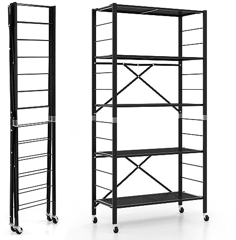 TANGZON 5-Tier Garage Shelves, Foldable & Adjustable Metal Shelving Units with Detachable Wheels & Anti-Tipping Device, Heavy Duty Racking Shelf Organizer for Garage Workshop Office, 76 x 34 x 153cm