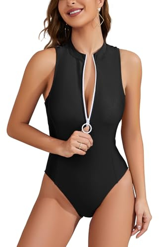 SHEKINI Las mujeres atléticas de una pieza trajes de baño cuello alto erupción protección Leotards cremallera traje de baño, negro, L