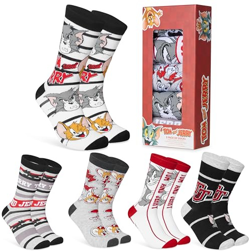 Tom and Jerry Calcetines Hombre Divertidos Pack de 5, Talla 40–45, Regalos Originales para Navidad, Papá y Fans de Dibujos (Gris/Multicolor)