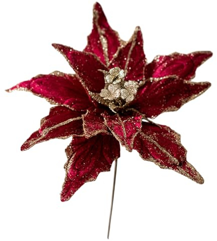 BagLEv Poinsettia artificielles à paillettes - 28 cm - Décoration de sapin de Noël à suspendre (bordeaux)
