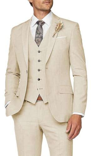Wangyue Mens Suit Wedding Suits for Men 3 Piece Slim Fit Beige Suit Formal Business Prom Tuxedo, XS