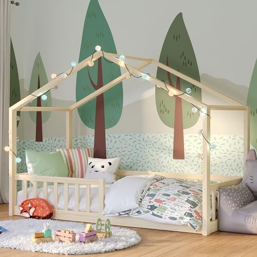 Bellabino Bia Kinderbett 90x200 cm – Hausbett mit Rausfallschutz & Lattenrost – Montessori Bodenbett aus Massivholz Kiefer – Kinder Bett in Natur für Jungen und Mädchen