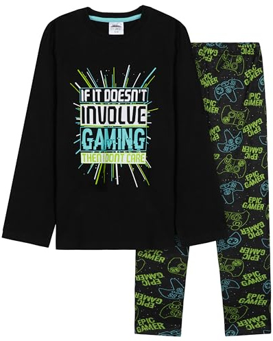 CityComfort pyjamas pojkar lång mjuk pyjamas set med cool design gamer order fotboll lounge wear presenter pojkar tonåringar, Grön/svart spel, 11-12 år