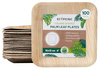 ECOPICNIC Platos de Hoja de Palma 100 unidades 15x15 cm 6 | Platos desechables biodegradables para fiestas, catering y eventos, ideales para aperitivos, postres y comidas