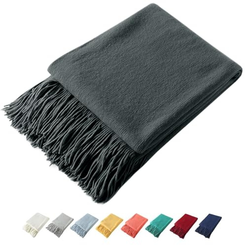 Homiest Dekorative gestrickte Überwurfdecke mit Fransen, Leichter Acryl-Strick, weiche und gemütliche Quasten-Decke für Couch, Sofa, Bett (Anthrazit, 127 x 152,4 cm)