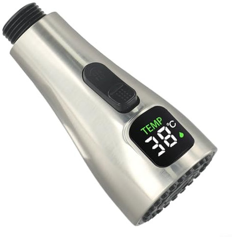 Zoegneer Soffione doccia con display digitale a LED, ugello estraibile, accessori per rubinetto, accessori per cucina (spazzolato)