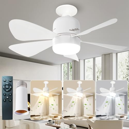 Ventilatore Da Soffitto Con Luce E Telecomando E27 Con Luce Ventola LED 35W Ventilatore Da Soffitto Dimmerabile Con Ventola Silenziosa 4 Velocità Per Camera Soggiorno Con Asta Di Prolunga Bianco