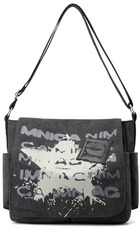DOURR Messenger-Tasche aus Segeltuch für Damen und Herren, bedruckt mit Sternen, Vintage, Umhängetasche, Schultertasche, für College, Arbeit, Reisen, Schwarz, Large