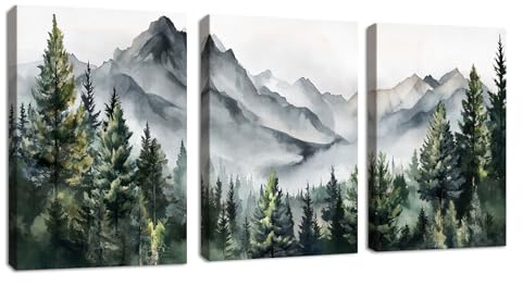 3Pcs Grüne Ansichten Leinwandbilder Bilder Set mit Rahmen, Abstrakt Berg Wald Landschaften Tinte Wandbilder Schlafzimmer Bild Auf Leinwand Kunstdruck Deko für Wohnzimmer fertig zum Aufhängen 40x60cmx3