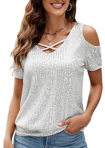 JASAMBAC Womens Sequin Tops Cross&V-Neck Cold Shoulder Tops Glitter Tunic Evening Top Ladies Going Out Top Sparkle Short Sleeve Dressy Blouse for Club Party