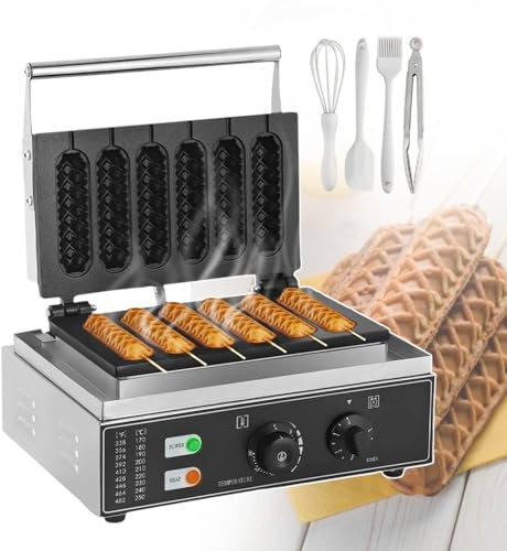pealiritansemen Commercial Hot Dog Waffle Maker Iron Machine, 1550 W Electric Nonstick Corn Dog Maker, 6 Pcs Hotdog Cheese Stick Press Iron, 50-300℃ Temp Control, For Snack Streets, Subway Stations