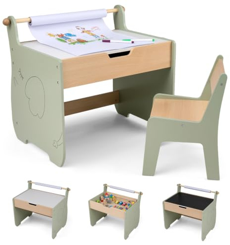 COSTWAY Kids Table and Chair Set, Wooden Children Table(Green)