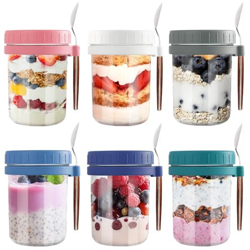 Aevcvok 6 Overnight Oats Jar, 400ml Pot Overnight Oat Verre, Bocal en Verre avec Couvercle et Cuillère, Bocaux Overnight Oats, Meal Prep Containers Verre pour Yaourts, Puddings, Salade
