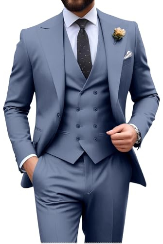 Suits for Men Formal Wedding Slim Fit 3 Piece Tuxedo Groom Suits Double Breasted Suit Men Blazer Vest Pants Set Denim Blue X-Small