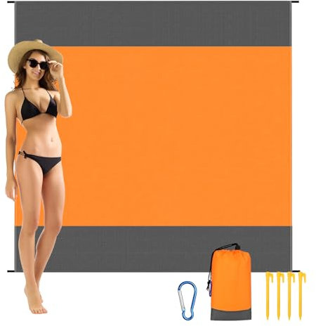 AYBUY Strandfilt sandfri, ultralätt picknickfilt vattentät 210 × 200 cm, sand campingfilt, tältunderlag strandhandduk strandmatta (orange + grå)