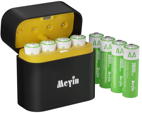 Meyin 8 batterie al litio AA ricaricabili con caricabatterie a 4 slot – Confezione da 8 batterie doppie A da 3600 mWh per fotocamera Blink per esterni, ricarica rapida USB-C in 2 ore, durata oltre