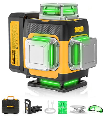 SAVSEC 360° Laser Level, 4 * 360 Self Leveling Laser Leveler, High Accuracy 4D Lazer Level Tool and 16 Green Cross Lines, 17H Standby, Rechargeable Battery, Multifunctional Stand & Hard Carry Case