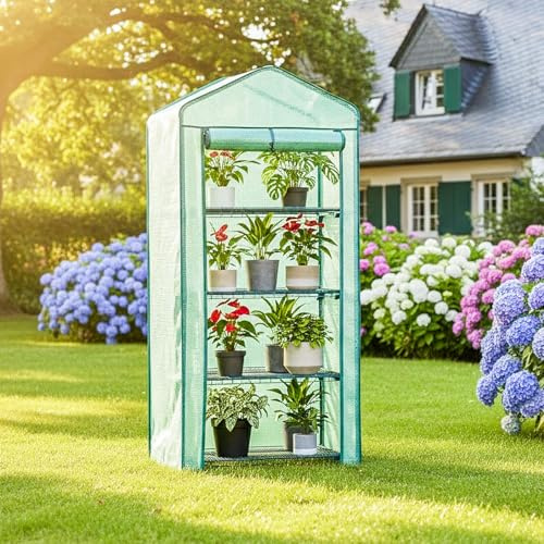 Gegaden Foliengewächshaus mit 4 Etagen, Gewächshaus für Balkon Gewächshaus klein, Tomatengewächshaus, Garten Anzuchthaus, Anzuchtregal Greenhouse Stabil, 69 x 50 x 158 cm, Grün