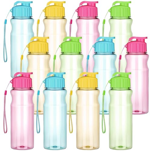 Lot de 12 Gourdes en Plastique pour Enfants 500ml sans BPA – Bouteilles d'Eau Réutilisables Transparentes et Colorées avec Bouchon Anti-Fuite, Idéales pour l'École, le Sport et le Voyage (4 Couleurs)