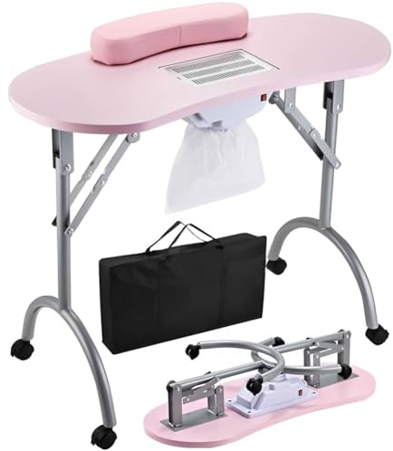 Portable & Foldable Manicure Table, Nail Desk Workstation with 4 Lockable Wheels, Client Wrist Pad, Free Carrying Bag, Professional Nail Desk for Home Travel Beauty Salon Workstation,Pink