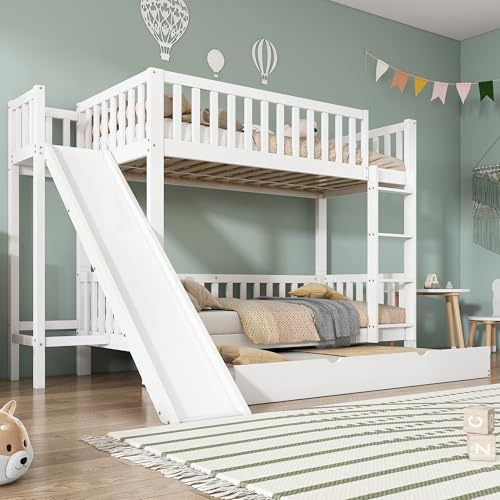 Trdlpyn Letto a Castello con letto Estraibile 90x200/190cm, Letto a Soppalco per Bambini Ragazzi- 3x Rete a doghe, con Scivolo e Scala dritta a 4 gradini, Strutture in Legno Massello