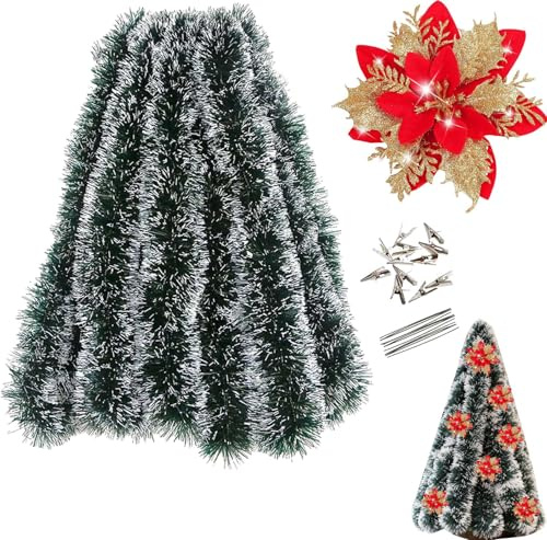 Weihnachtsgirlande 10m mit 10 Deko-Weihnachtsblumen – grün-rot-Gold – künstlicher Tannengirlande für Weihnachten, Innen- & Außendekoration, ideal für Fenster, Türrahmen, Treppengeländer