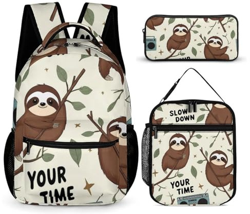peiyeety Mochila con lonchera, bolsa de almacenamiento, mochila, mochila de día con lonchera y bolsas de cosméticos (perezoso lindo)