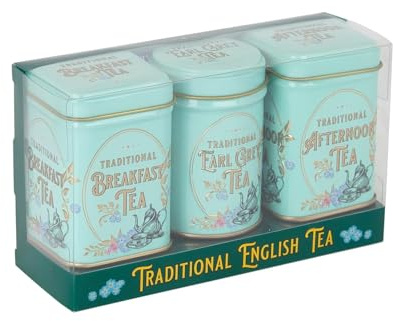 New English Teas | Caja regalo tres mini latas metal con té negro suelto English Breakfast, Earl Grey, negro tarde - 3 latas (70 gramos total)