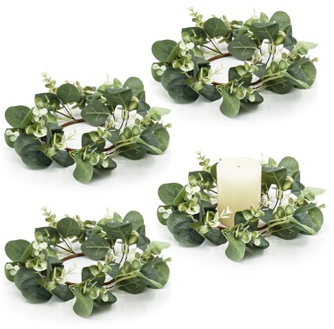 Bacucine Kerzenringe, künstliche Eukalyptusblätter, Kränze, künstliche Grünpflanzen, Boho-Girlande für Hochzeit, Tür, Wand, Fenster, Heimdekoration, 4 Stück