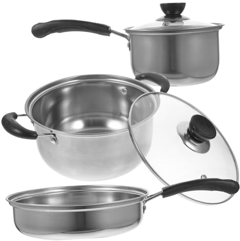LOLIPPYY Batterie Cuisine Inox 3 Pièces 16/20/24 Cm Manche Bakélite, Casserole à Lait, Marmite et Poêle Cuisson Gaz Électrique