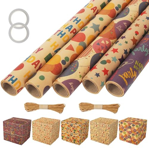 Rotolo carta regalo compleanno 5, 43 cm x 300 cm, carta da regalo ecologica in kraft, carta da compleanno naturale, motivo misto marrone e colorato, set regalo carta da pacchi