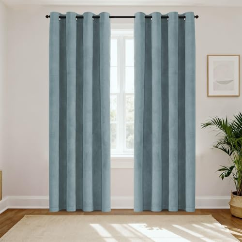 H.Versailtex 100% Blackout Curtains for Bedroom - Thermal Eyelet Curtains Window Treatments Super Soft Ring Top Living Room Curtain & Drapes W46x L54 Inch, 2 Panels, Stoneblue