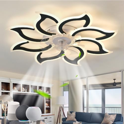 Ventilatore da soffitto Moderno Reversibile con luci dimmerabili, lampadario e Controllo App, Timer remoto a 6 velocità, Elegante Design Floreale per Soggiorno e Camera da Letto, Nero