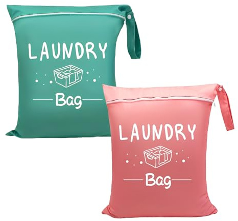 2Pcs Laundry Bags for Travelling, 19x15 Travel Laundry Bag, Portable Large Dirty Clothes Bags with Zipper for Home Travel Holiday Camping Caravan Dormitory (Pink+Green)