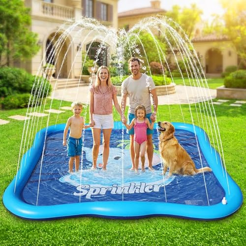 Luxfero Tapis de Jet d'eau pour Enfants,210cm Jeux d'eau Piscine Aquatiques Renforcé pour Chiens,buse de Pulvérisation d'eau Réglable,Tapis de Jeu sur Le Thème,Jeu d'eau Enfants Gonflable pour Jardin
