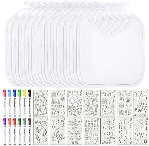 Vicloon Målarhaklappar, 12-delat set med bomullshaklappar med 12 pennor och 14 stencil, vattentäta, vita, personliga presenter till nyfödda (20 x 17,5 cm)