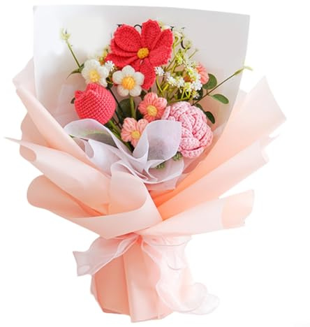 Kivivaka Bouquet di fiori fatti a mano all'uncinetto, rose e girasoli artificiali per la decorazione della casa, anniversario o regalo di laurea (rosa-A)
